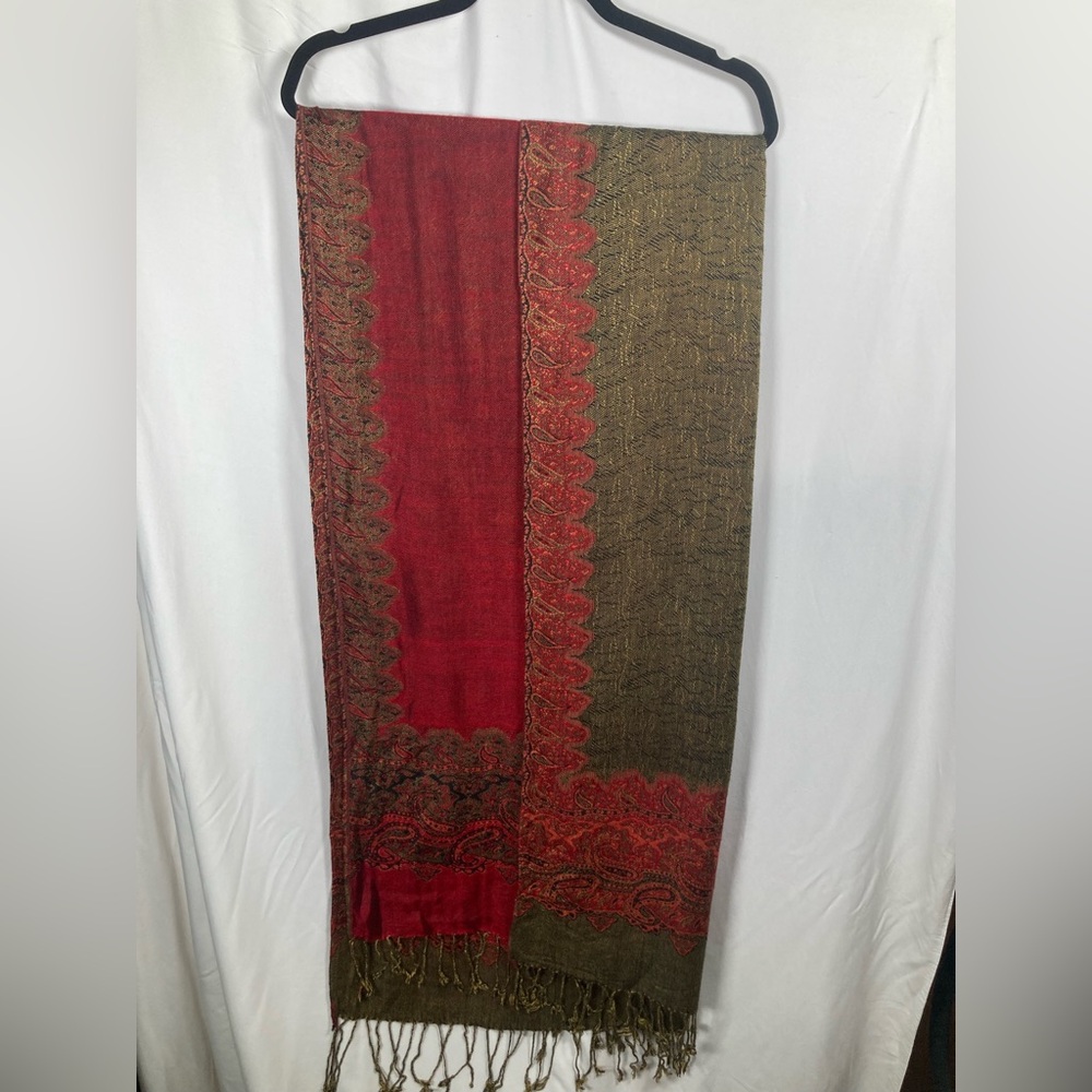 Pashmina Red and Brown Paisley Scarf 100% Pashmina - Picture 9 of 10